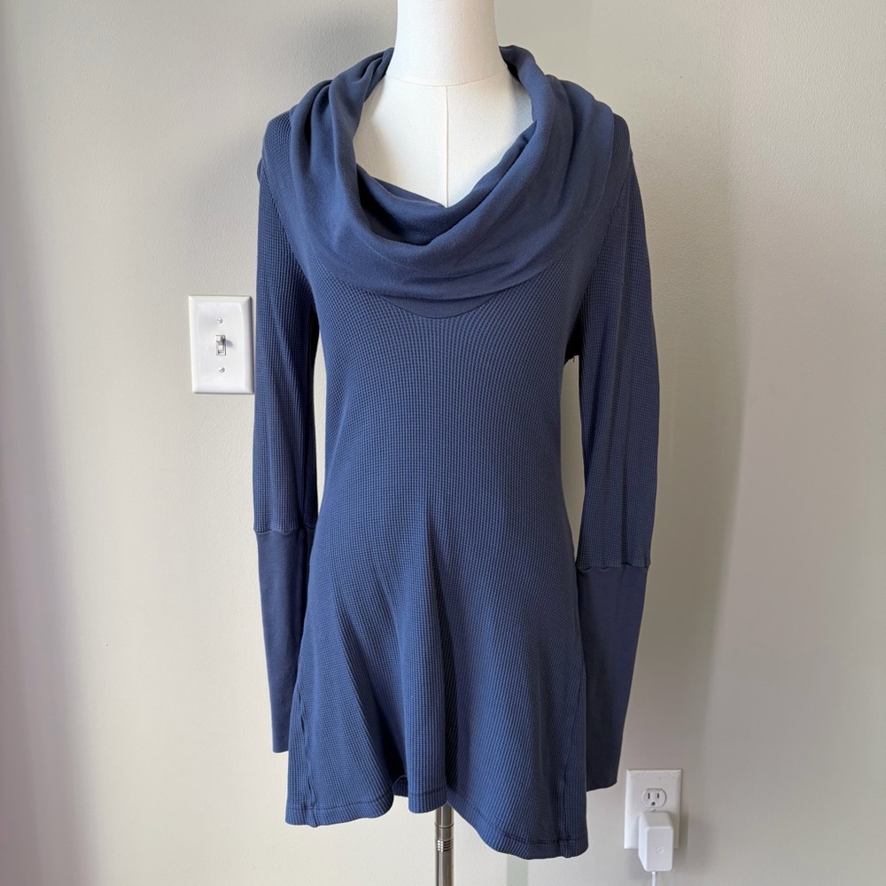Splendid Blue Thermal Waffle Weave Cowl Neck Supima Cotton Long Sleeve Top